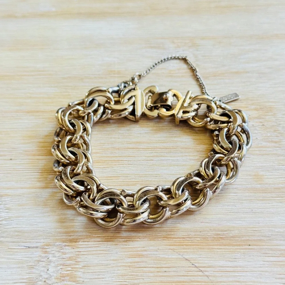 VTG Monet Gold Plated Chain Curved Link‎ Bracelet Charm Starter MCM Retro 7.5